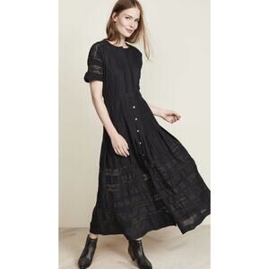 LOVESHACKFANCY Black Cotton Edie Lace Short Sleeve Midi Shirt Dress Size L